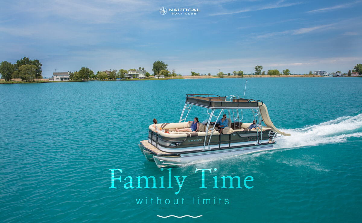 A family enjoying a boat ride on Lake Murray, SC on a sunny day, smiling and waving at the camera, with text reading "Family Time without limits."