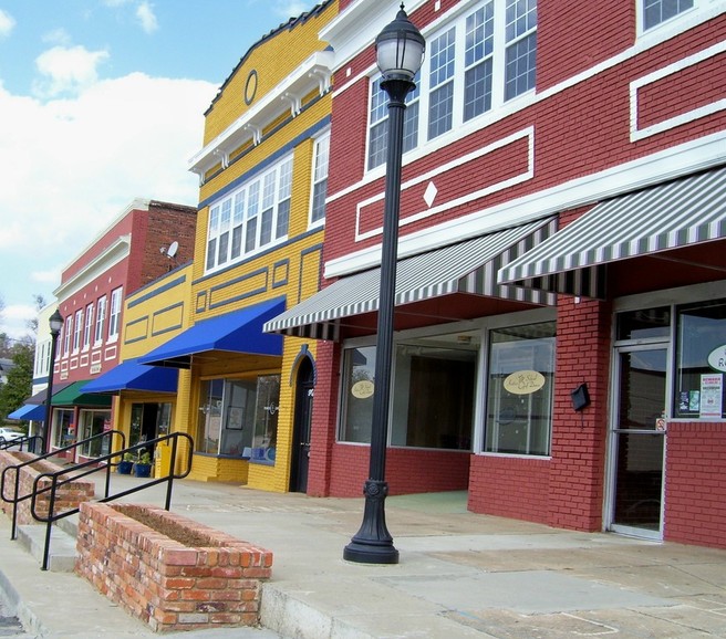 A colorful Row of buildings in downtown Whitmire, SC
