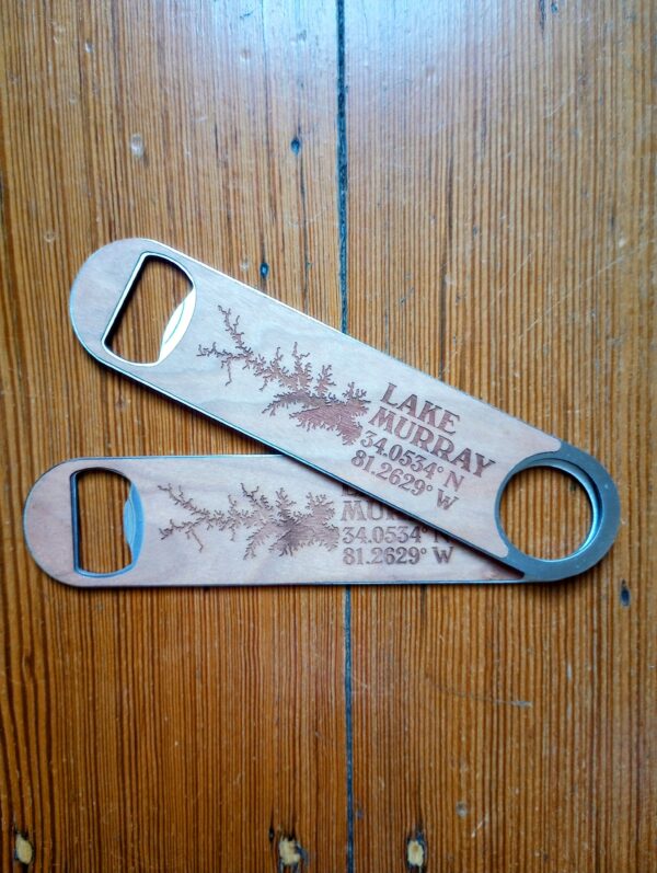 Handheld wooden bottle opener with Lake Murray and Coordinates