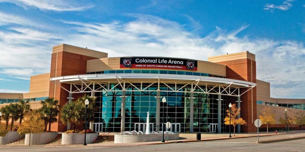 Exterior of Colonial Life Arena on sunny day, Text Reads: "Colonial Life Arena"