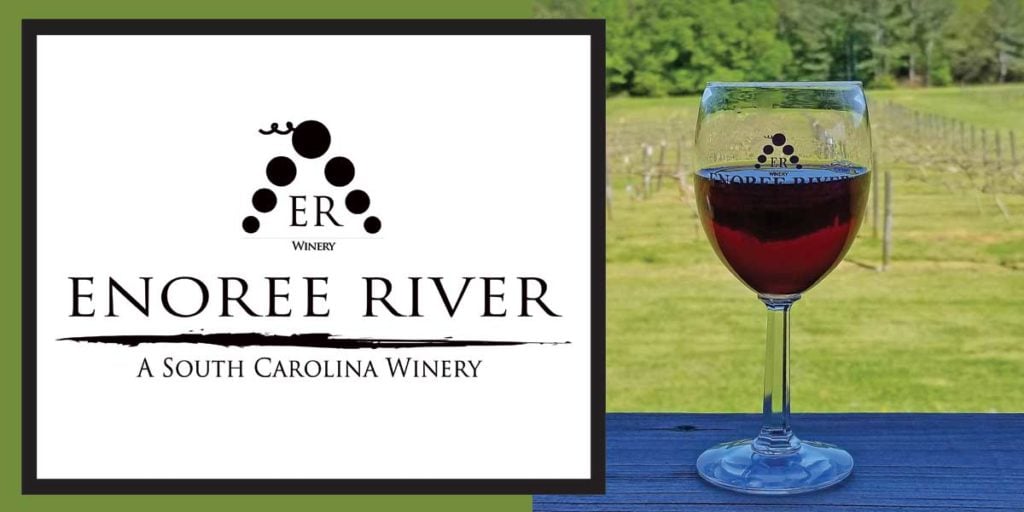 Wine glass on table, Text Reads "ER Winery Enoree River A South Carolina Winery"