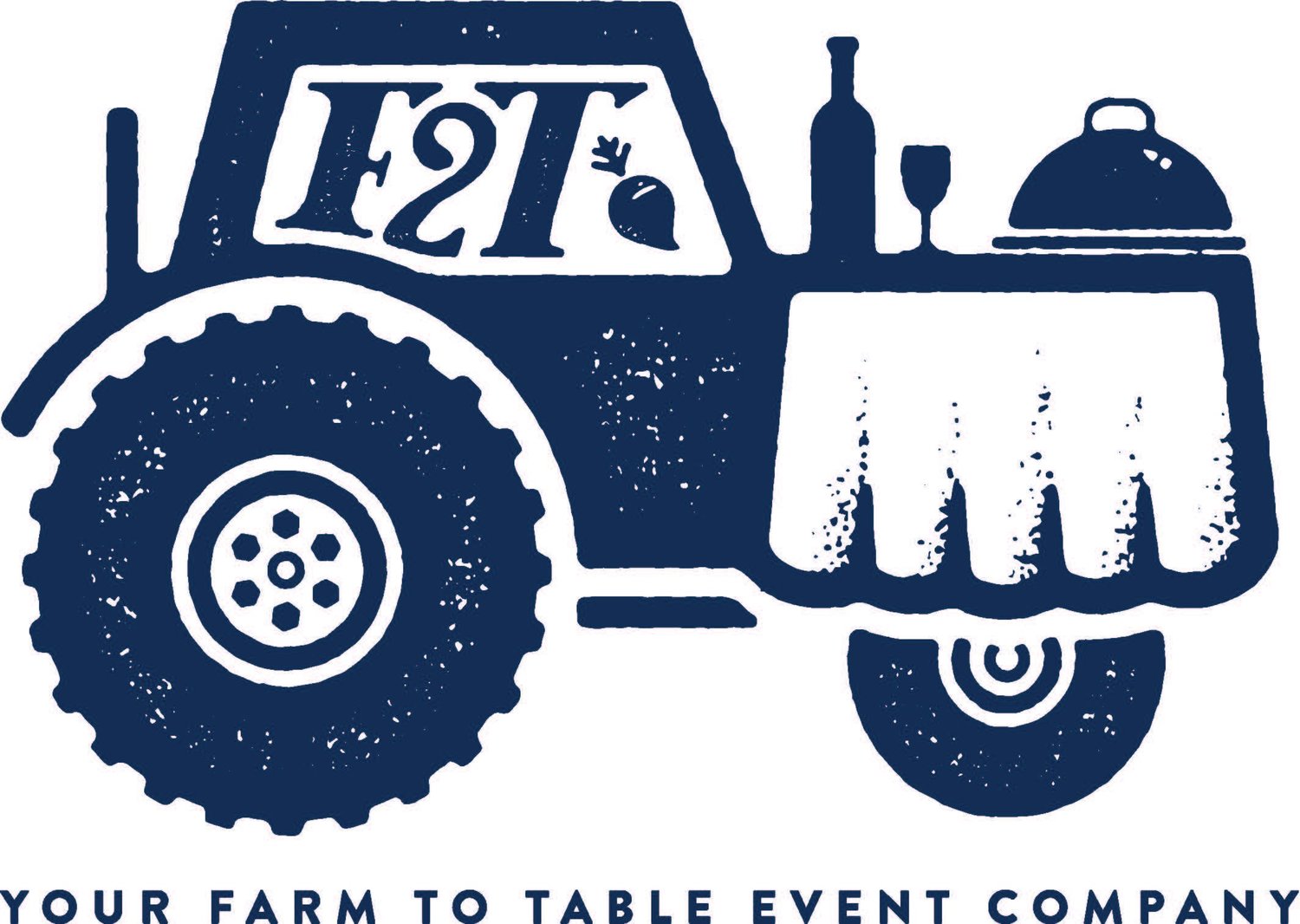 f2t tractor illustation with the hood set like a dining table with tablecloth bottle of wine and glass and covered dish your farm to table event company tagline