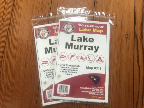 Map of Lake Murray in Package, Text Reads"Waterproof Lake Map Lake Murray GPS Compatible Marina Listings Lake Structure Road Network More Map #311