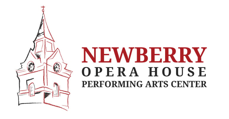 line sketch of clock tower with steepled top Text: Newberry Opera House Performing Arts Center (Logo)