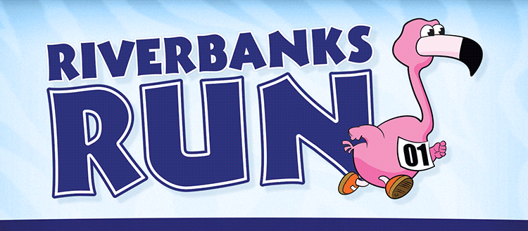 riverbank run with an illustration of a running flamingo with a race 01 bib on