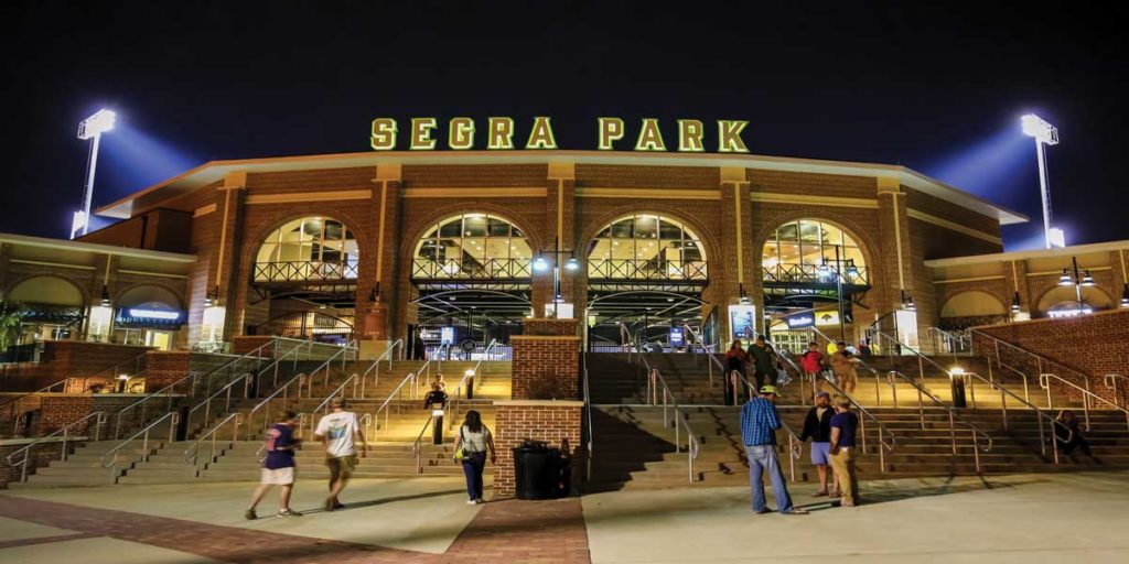 Exterior of Segra Park Baseball Stadium Text Reads: "SEGRA PARK"