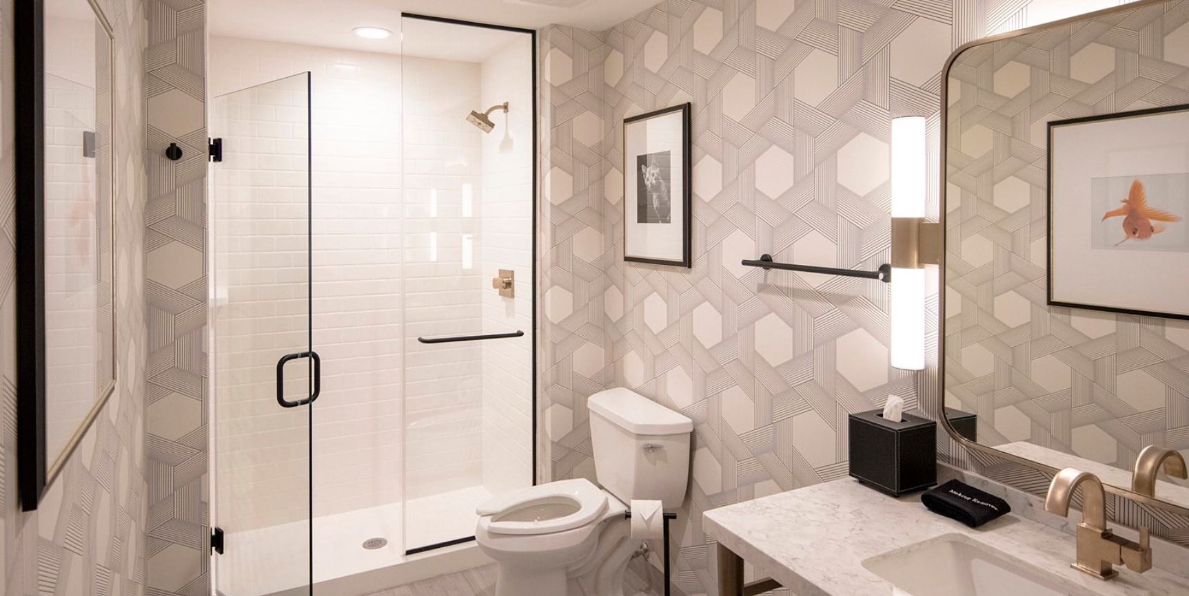 Modern Bathroom With White Geometric Tile