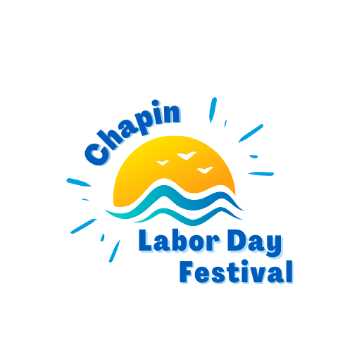 Cartoon sunshine rising above blue waves. Text Reads: "Chapin Labor Day Festival"