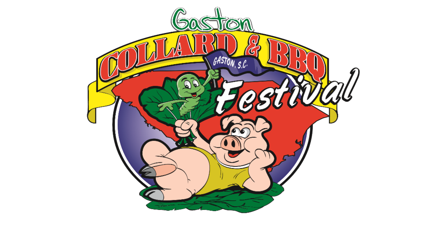 gaston collard & BBQ festival gaston sc cartoon pig laying down admiring green collard held in the air and a green worm popping out of it waving a Gaston SC flag