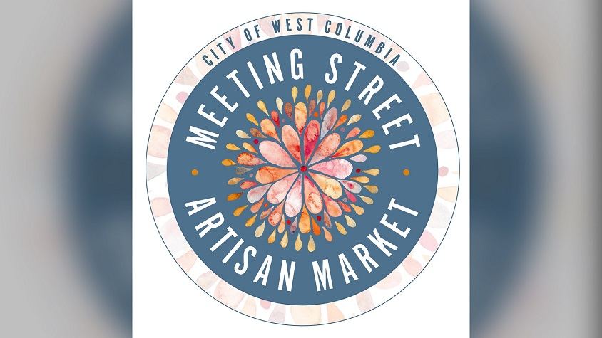 Round circle logo with blue circle in the middle, Text reads City of West Columbia Meeting Street Artisan Market