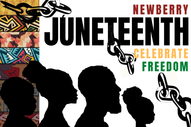 newberry juneteenth celebrate freedom African illustrations of side profile silhouettes and broken chains