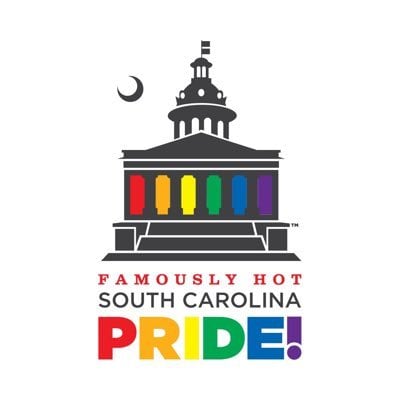 famously hot south carolina pride logo state house illustration in black with each cased opening a different color and pride is also in different colors