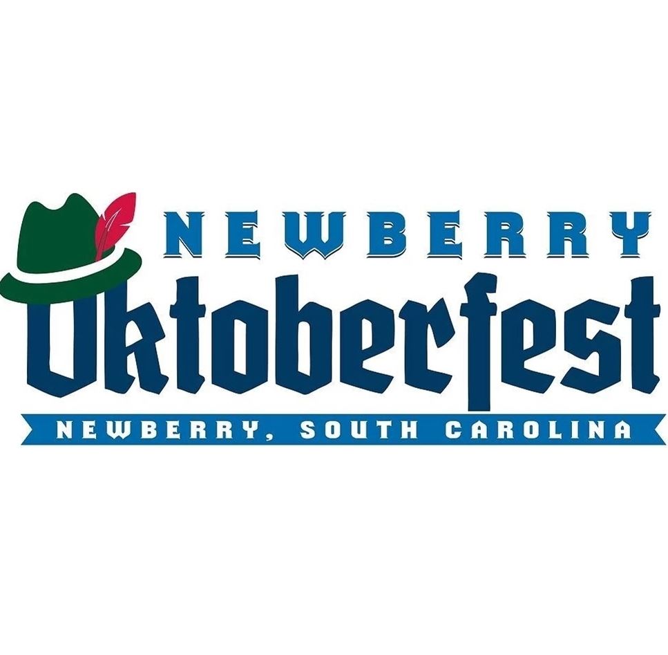 Newberry Oktoberfest Newberry, South Carolina blue and navy text with green Lederhosen with red feather perched on the capital O of Oktoberfest