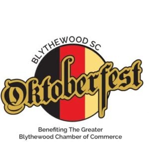 Blythewood SC Oktoberfest Benefits for the larger circle of the Blythewood Chamber of Commerce in the background with black red and gold vertical stripes and the Oktoberfest in bold in the center