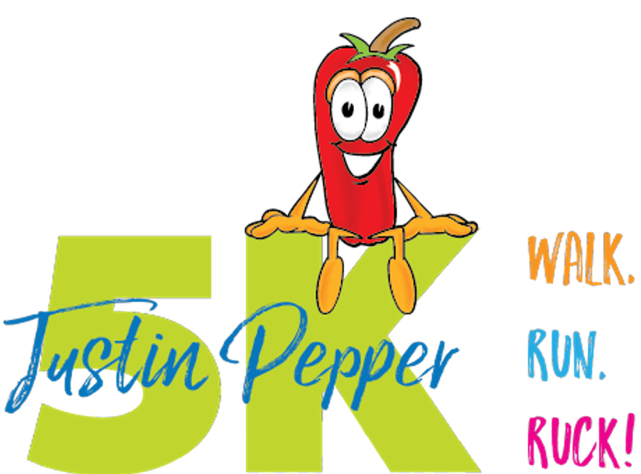 justin pepper 5k walk. run. ruck with a red cartoon chili pepper sitting on top of the K