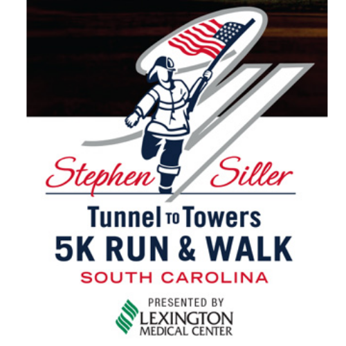 Stephen Siller Tunnel to Towers 5K Run & Walk South Carolina Presented by Lexington Medical Center illustration of fireman running holding an american flag