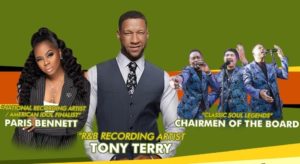 Green, Orange, and Yellow Striped Background, Music Lineup, From Left to Right, Black Woman, Text Reads:"National Recording Artist/ American Idol Finalist Paris Bennett", Black Man, Text Reads:"R&B Recording Artist Tony Terry", Group of Three Black Men Singing, Text Reads:"Classic Soul Legends Chairmen of the Board"