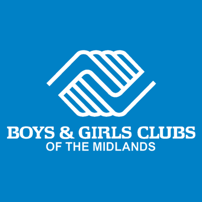 blue background interlocking white outlines of hands boys and girls clubs of the midlands