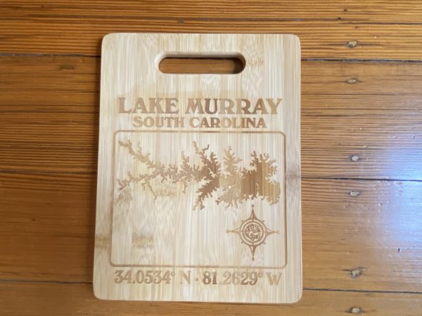 Lake Murray South Carolina 34.0534 degrees N 81.2629 degrees W bamboo cutting board with the lake outline in the center of a square box