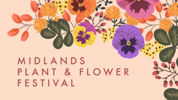midlands plant and flower festival illustrations of fall flowers in the upper right hand corner, variety of pansies and berries