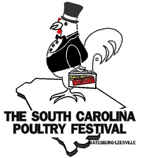The South Carolina Poultry Festival Batesburg-Leesville state of SC outline with a rooster dressed in a tux wearing a top hat carrying luggage