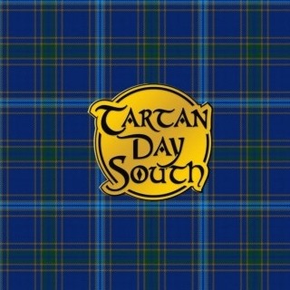 Scottish blue green navy tartan background with round gold centered circle Tartan Day South in black