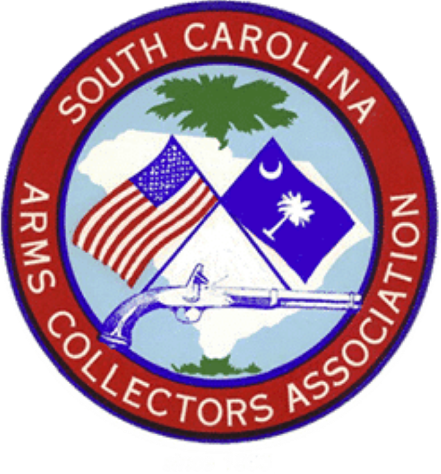 south carolina arms collectors association in a circle with the state outline the center background with american and sc flags crossed with a palmetto tree at the top and a rifle at the bottom