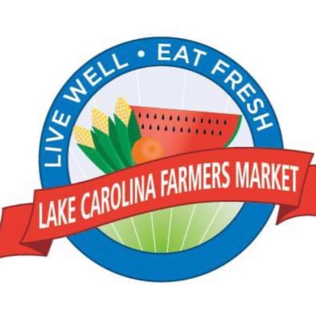 Blue circle with red banner across produce Text reads, Live Well Eat Fresh Lake Carolina Farmers Market