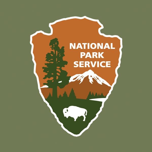Green background with upside down arrow heat and inside design includes spruce pine snow capped mountains and one buffalo National Park Service written inside