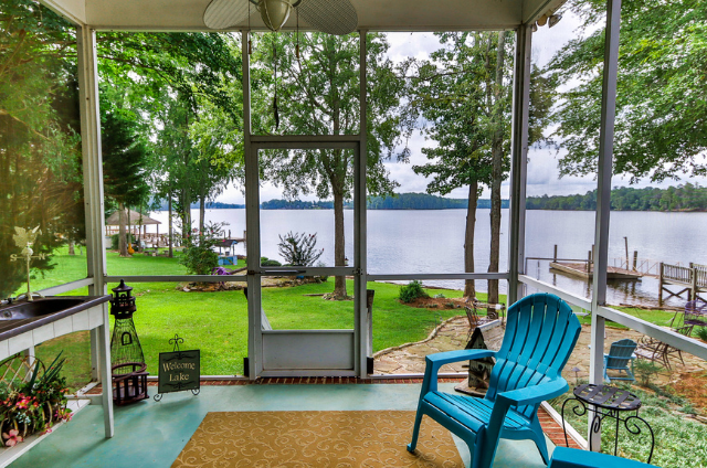 Lake home rental back porch looking out over the water