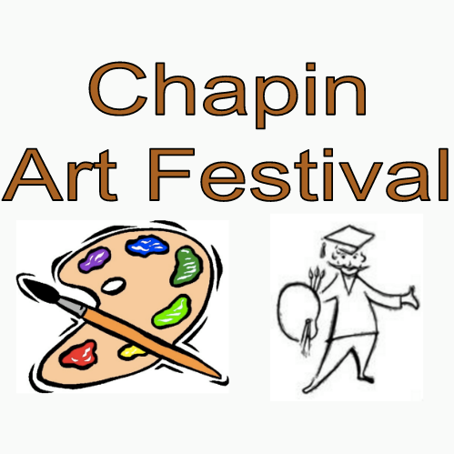 Chapin Art Festival cartoon art palette and black and white sketch of artist holding a palette and brush wearing a top hat