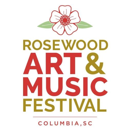 Rosewood Art and Music Festival Columbia SC green and deep pink writing with a single white flower outlined in deep pink and two mint green leaves as a header