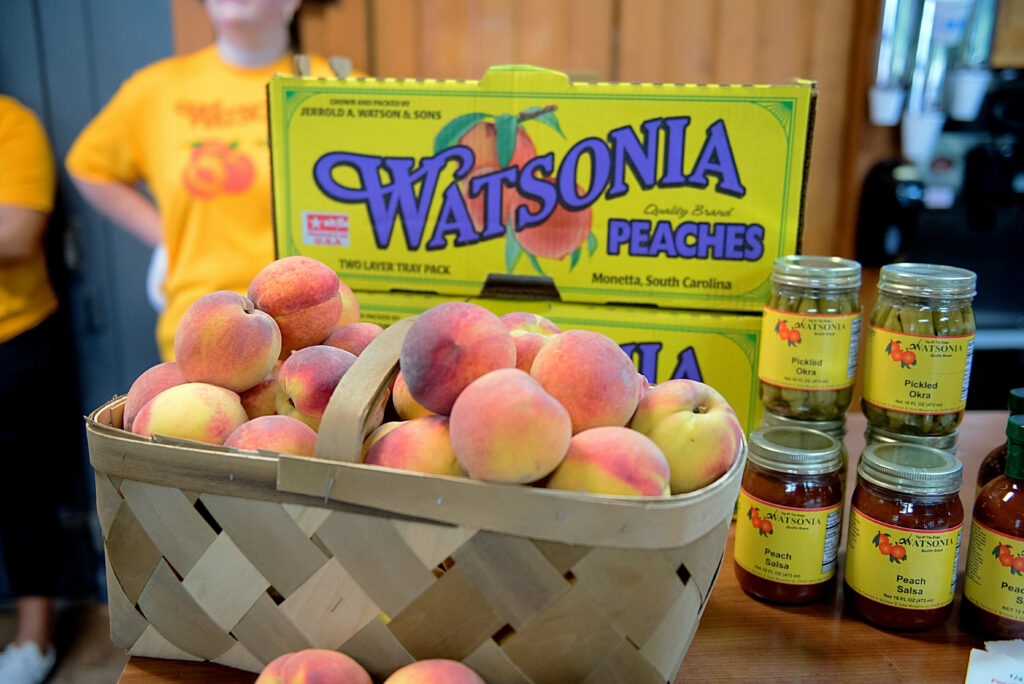 basket of peaches sits on counter at peaches n' such farm store and restaurant next to watsonia farms box