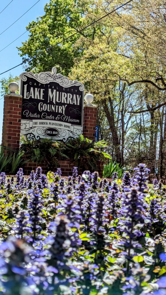 Capital City Lake Murray Country sign with purple flowers in foreground.