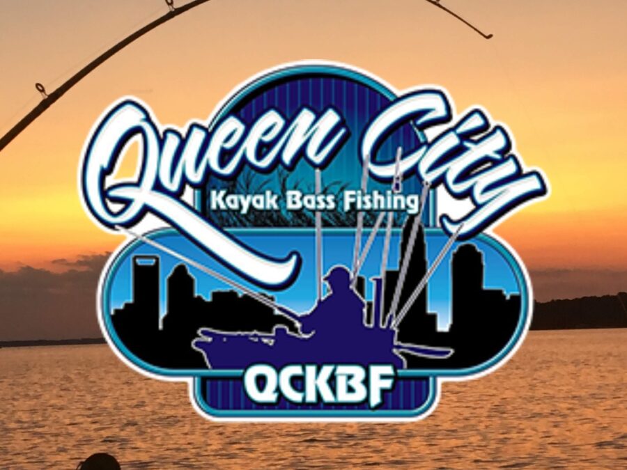Fishing rod and reel in view as sun sets on Lake murray Queen City kayak bass fishing logo