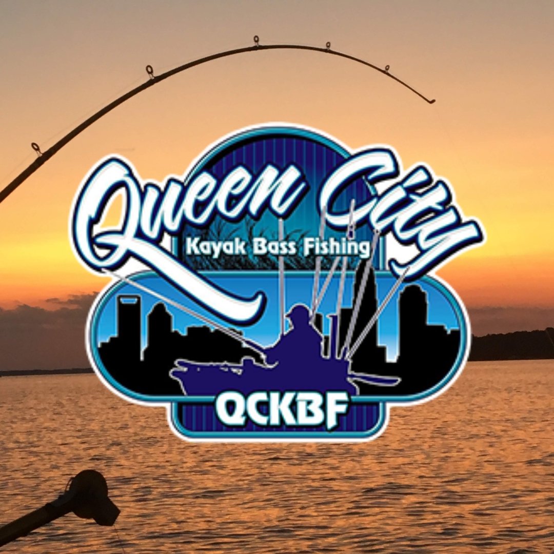 Fishing rod and reel in view as sun sets on Lake murray Queen City kayak bass fishing logo