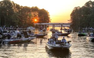 Anglers on bass boats at Dreher Island State Park ready to fish in the Bassmaster Elite April 2023