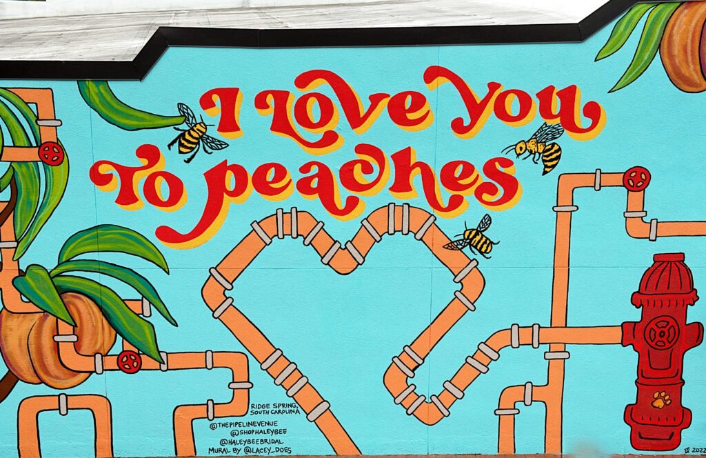 I love you to peaches mural. Blue, orange, pink, green, red paint on a brick wall with tubes and bumblebees.