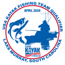 USA Kayak Fishing Team Qualifier on Lake Murray, SC Seal depicting the silhouette of a Kayak angler fishing and a large mouth bass in the air