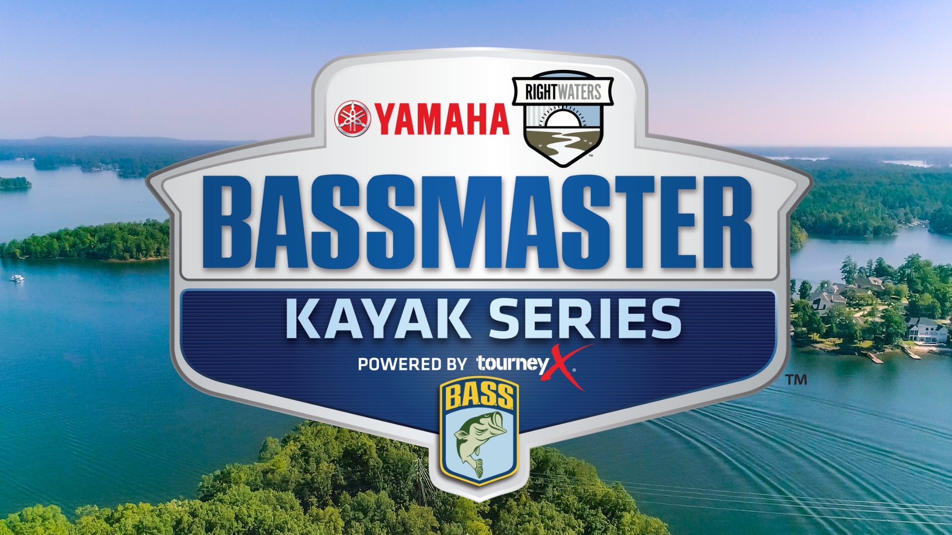 Yahama Right Waters Bassmaster Kayak Series Powered by TourneyX logo placed over arial picture of Lake Murray.
