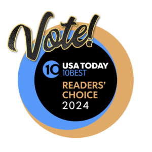 Blue and gold circle graphic reads: Vote! USA Today 10Best Readers' Choice 2024